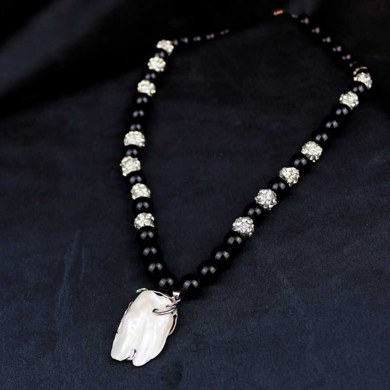 Buray Bead Rectangle Studded Necklace With Biwa Pearl Silver925